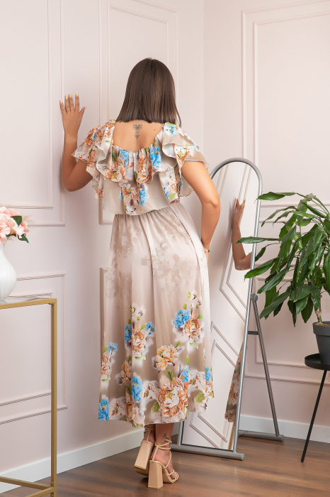 Rochie de ocazie Elle cu volane ample si imprimeuri florale - Crem [3]