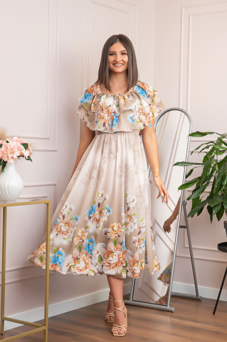 Rochie de ocazie Elle cu volane ample si imprimeuri florale - Crem