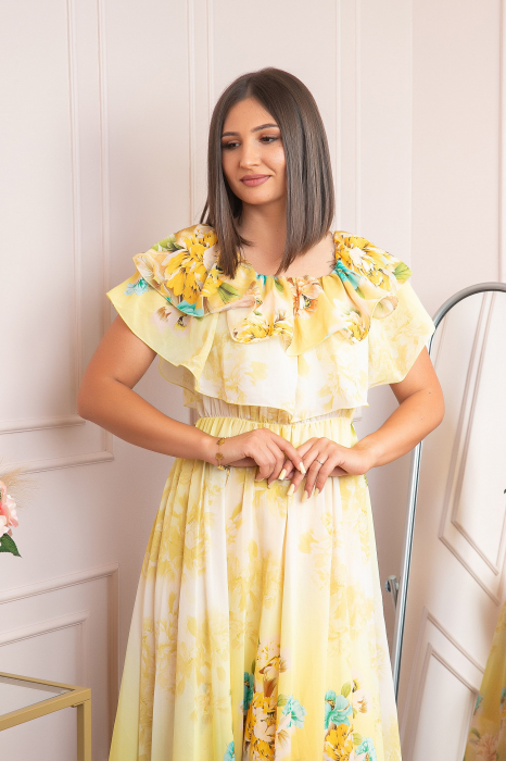 Rochie de ocazie Elle cu volane ample si imprimeuri florale - Galben [2]