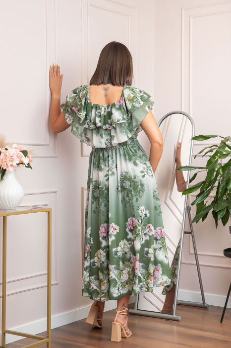 Rochie de ocazie Elle cu volane ample si imprimeuri florale - Kaki [3]