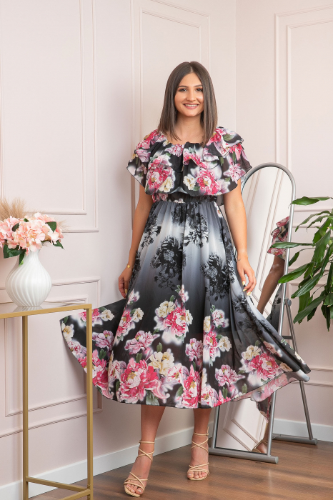 Rochie de ocazie Elle cu volane ample si imprimeuri florale - Negru [5]