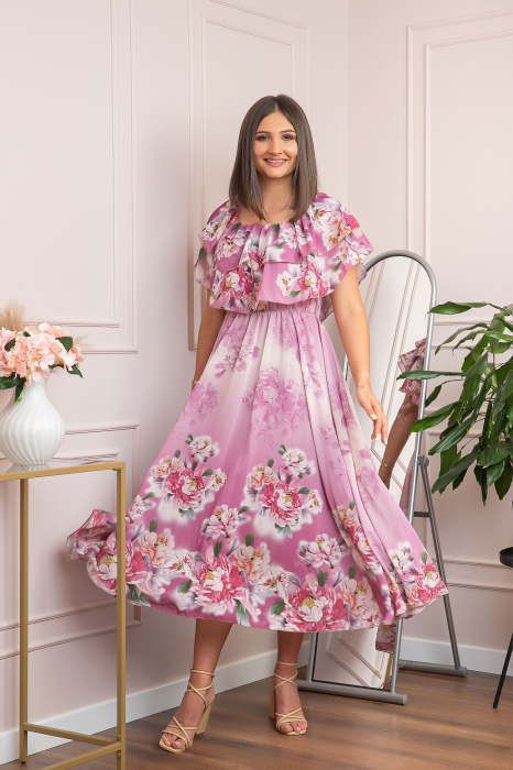 Rochie de ocazie Elle cu volane ample si imprimeuri florale - Roz [5]