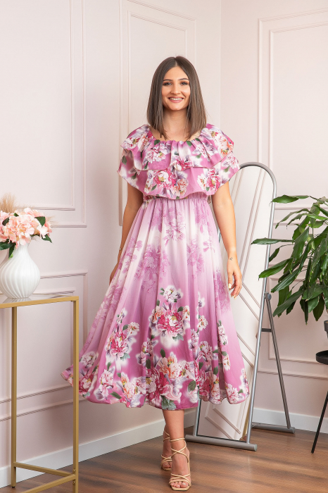 Rochie de ocazie Elle cu volane ample si imprimeuri florale - Roz