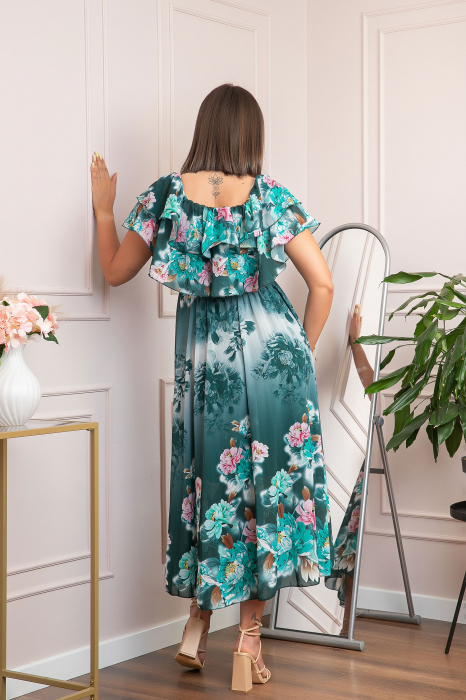 Rochie de ocazie Elle cu volane ample si imprimeuri florale - Verde [3]