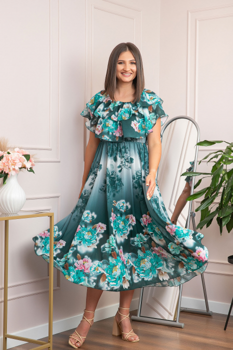 Rochie de ocazie Elle cu volane ample si imprimeuri florale - Verde [5]