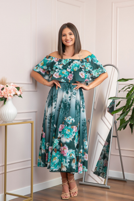 Rochie de ocazie Elle cu volane ample si imprimeuri florale - Verde [4]