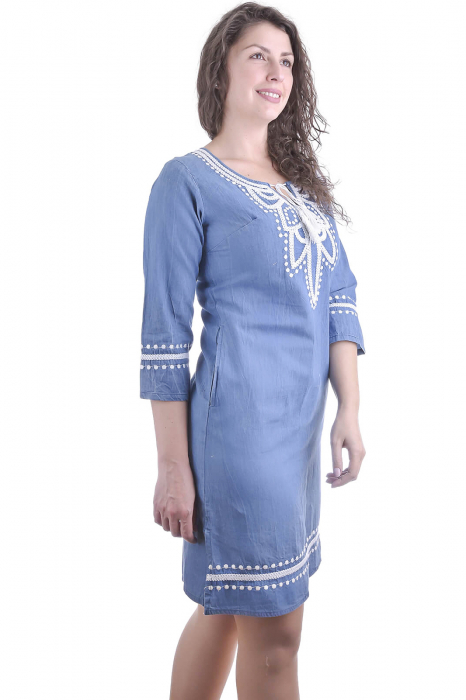 Rochie denim albastra cu motiv floral alb Claudia [4]