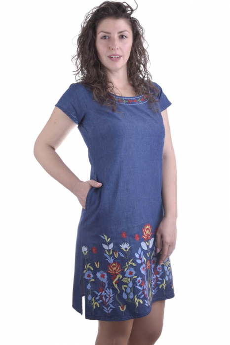 Rochie denim albastra cu motiv floral multicolor Brandusa [2]