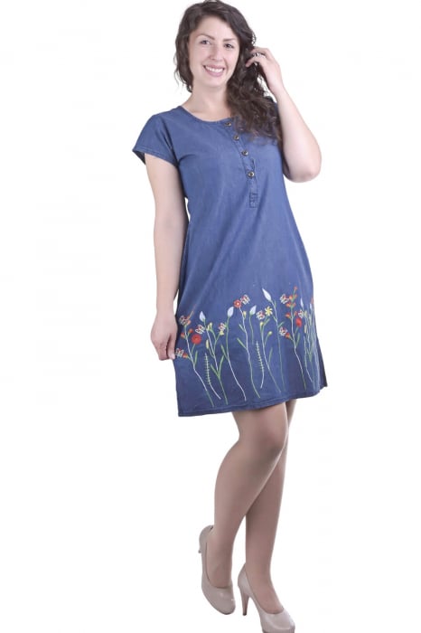 Rochie denim albastra cu motiv floral multicolor Camelia [3]