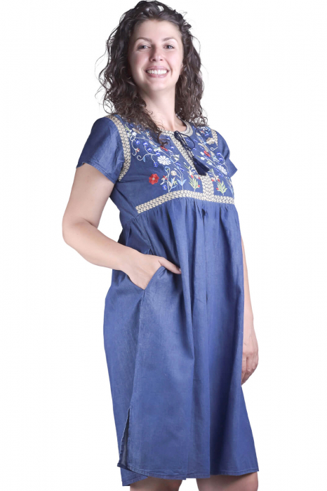 Rochie denim albastra cu motiv floral multicolor Cristina [2]