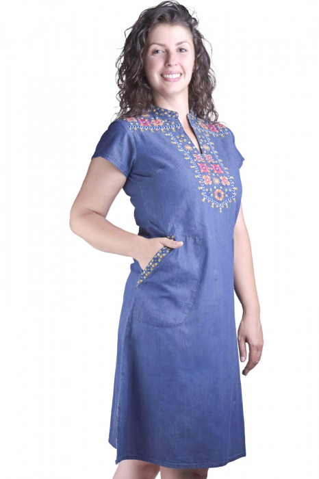 Rochie denim albastra cu motiv floral multicolor Dalia [2]
