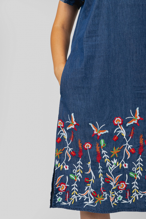 Rochie denim albastra cu motiv floral multicolor Rodica [2]