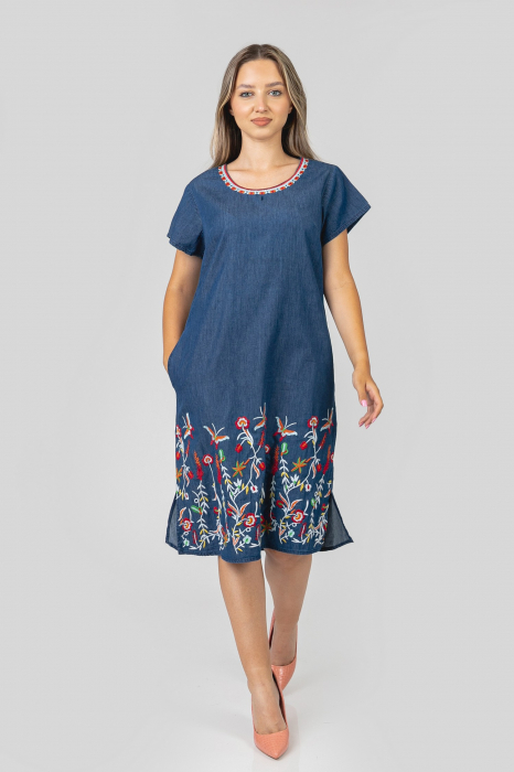 Rochie denim albastra cu motiv floral multicolor Rodica [4]