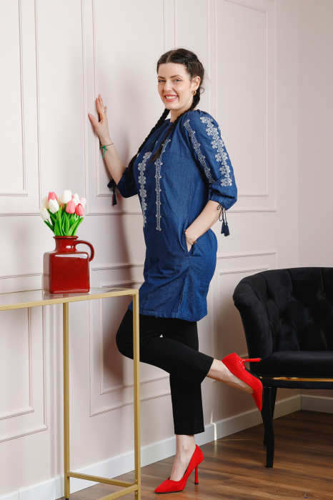 Rochie denim albastra cu motiv geometric alb Astrid [5]