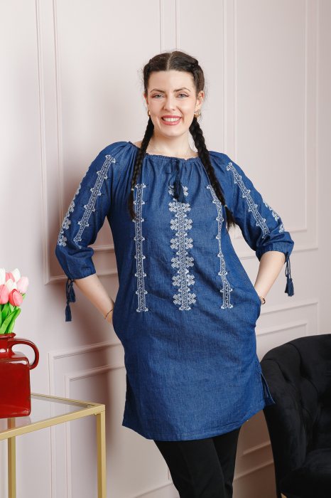 Rochie denim albastra cu motiv geometric alb Astrid [3]