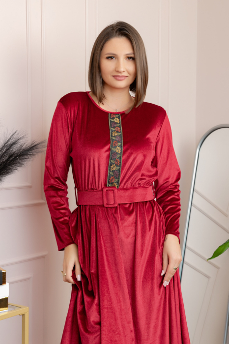 Rochie din catifea Layla cu centura in talie si detaliu boho-floral - Grena [2]