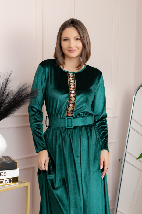 Rochie din catifea Layla cu centura in talie si detaliu boho-floral - Verde [2]