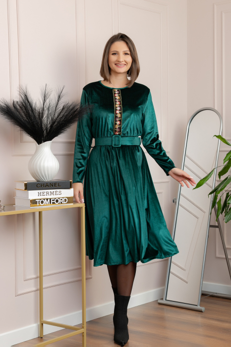 Rochie din catifea Layla cu centura in talie si detaliu boho-floral - Verde [4]