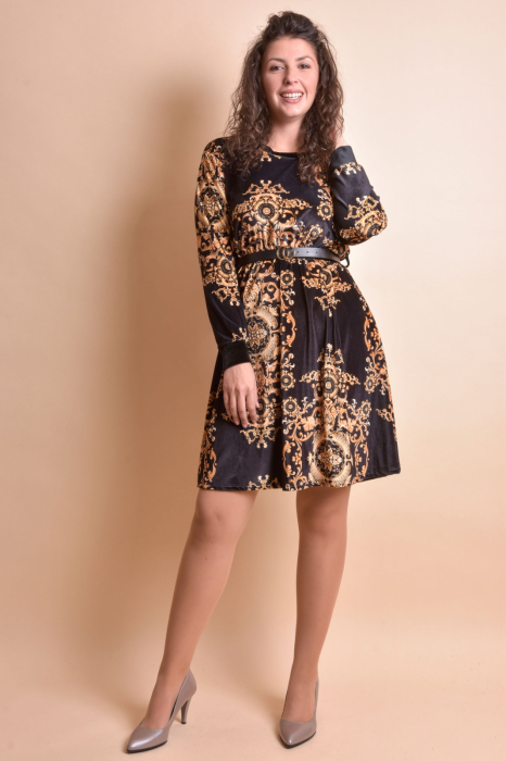 Rochie din catifea neagra cu imprimeu auriu mare si curea in talie [3]