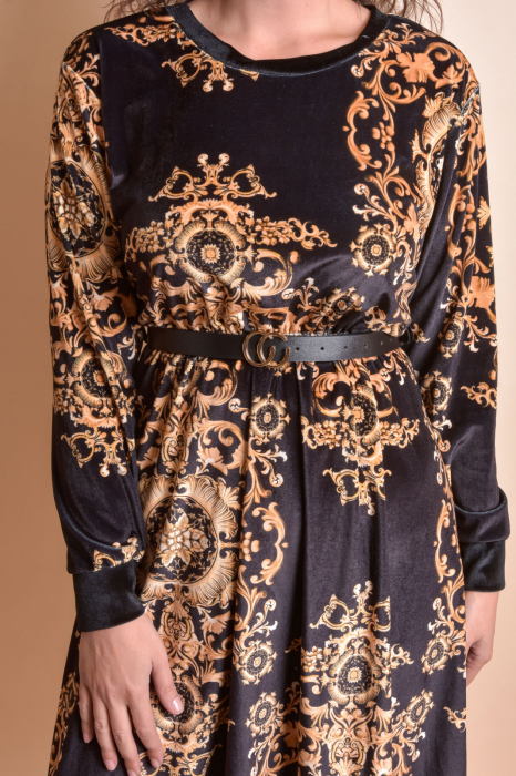 Rochie din catifea neagra cu imprimeu auriu mare si curea in talie [2]