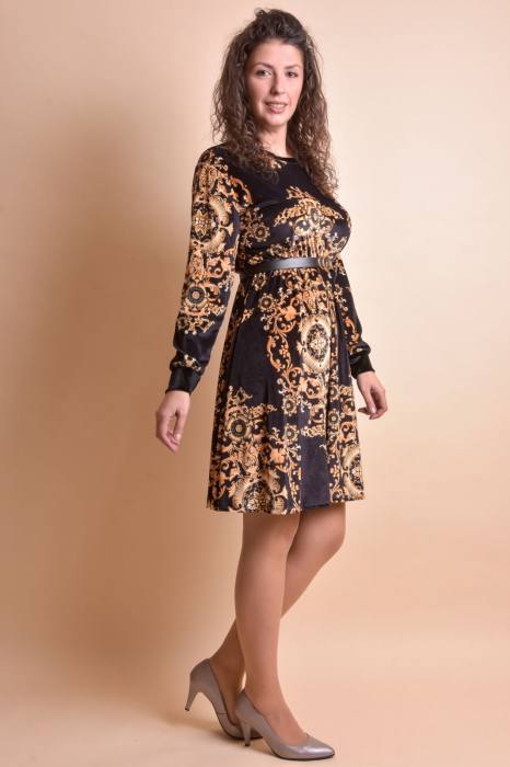 Rochie din catifea neagra cu imprimeu auriu mare si curea in talie [5]