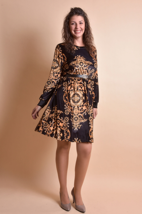 Rochie din catifea neagra cu imprimeu auriu mare si curea in talie [6]