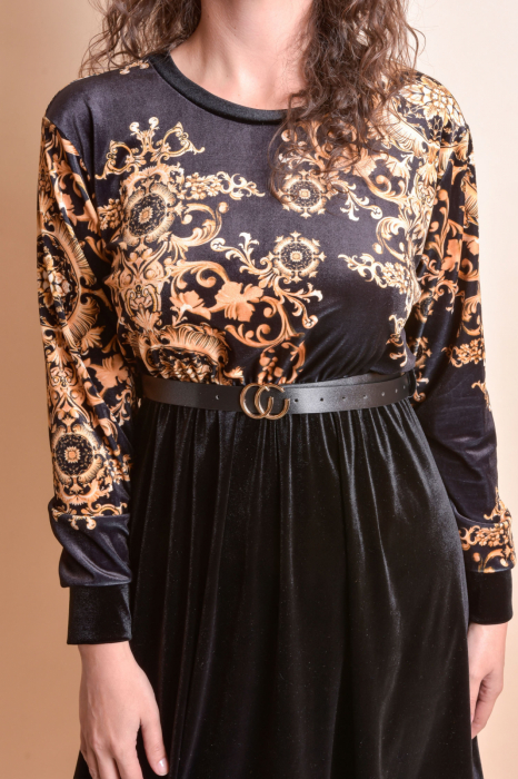 Rochie din catifea neagra cu imprimeu auriu si curea in talie [2]