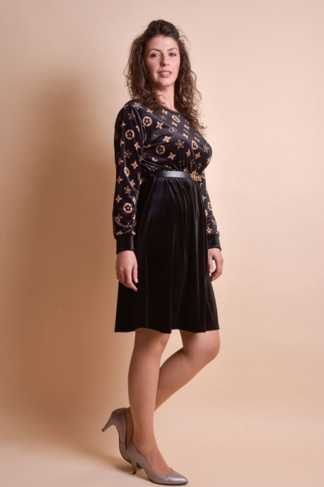 Rochie din catifea neagra cu imprimeu crem si curea in talie [3]
