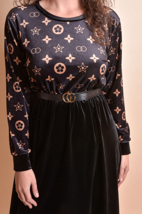 Rochie din catifea neagra cu imprimeu crem si curea in talie [2]