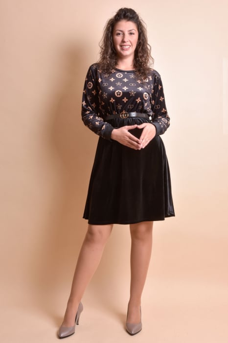 Rochie din catifea neagra cu imprimeu crem si curea in talie [6]