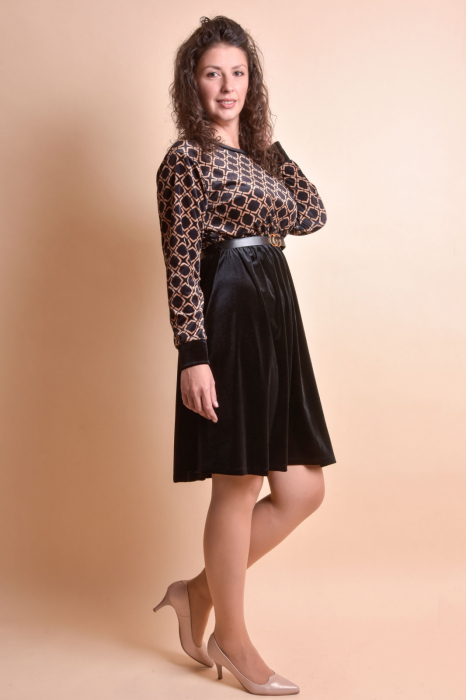Rochie din catifea neagra cu imprimeu cu romburi crem si curea in talie [3]