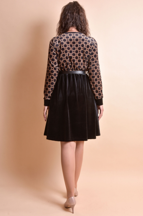 Rochie din catifea neagra cu imprimeu cu romburi crem si curea in talie [6]