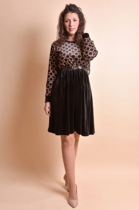 Rochie din catifea neagra cu imprimeu cu romburi crem si curea in talie [5]