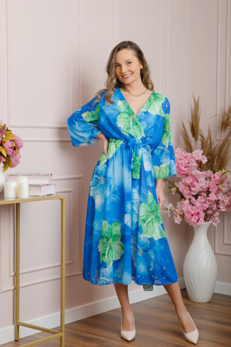 Rochie eleganta Adaline din voal albastru cu imprimeuri florale [4]