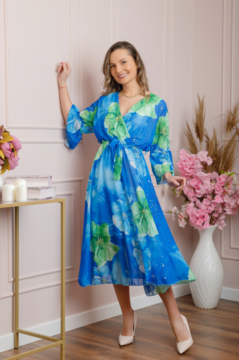 Rochie eleganta Adaline din voal albastru cu imprimeuri florale [3]