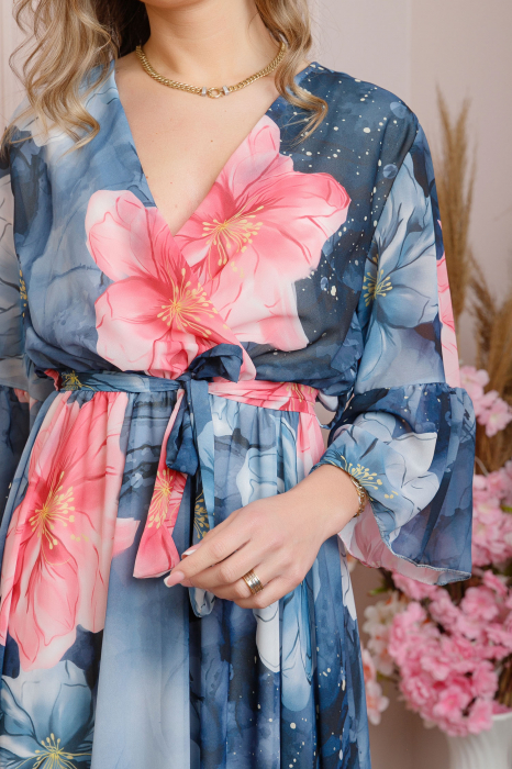 Rochie eleganta Adaline din voal bleumarin cu imprimeuri florale [2]