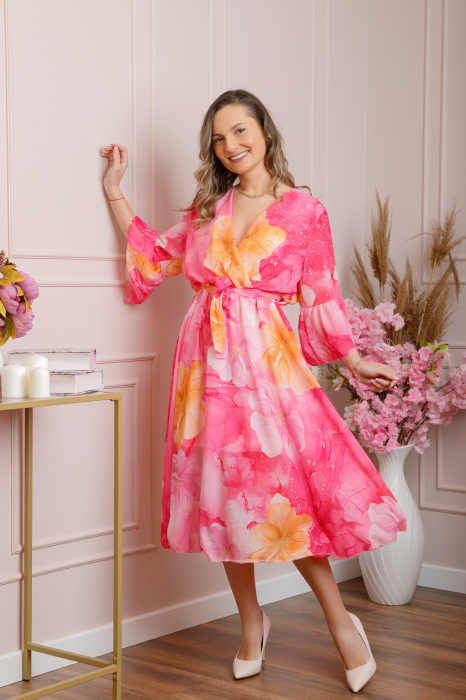 Rochie eleganta Adaline din voal ciclam cu imprimeuri florale [3]