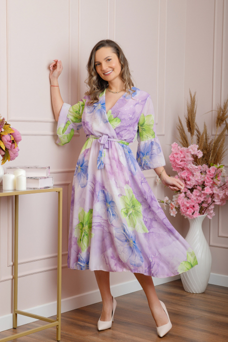 Rochie eleganta Adaline din voal lila cu imprimeuri florale [3]