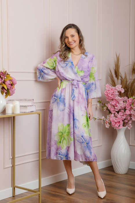 Rochie eleganta Adaline din voal lila cu imprimeuri florale [4]