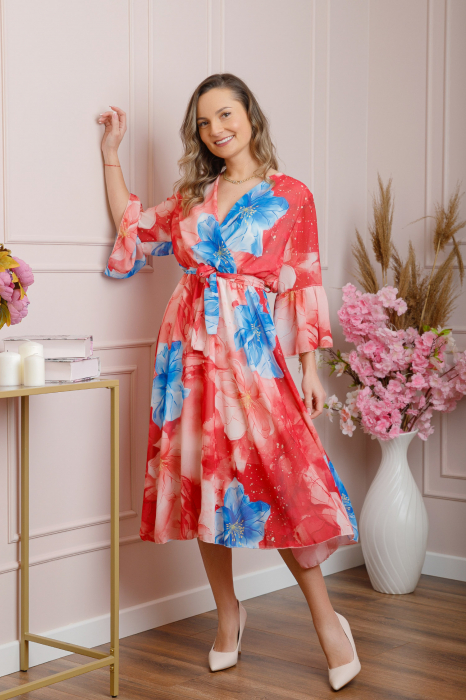 Rochie eleganta Adaline din voal rosu cu imprimeuri florale [3]