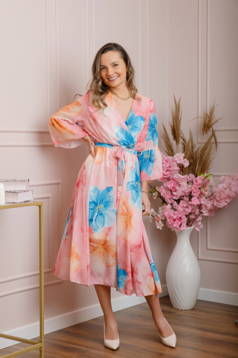 Rochie eleganta Adaline din voal roz cu imprimeuri florale [4]