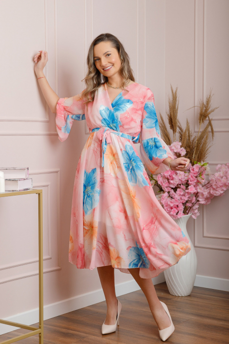 Rochie eleganta Adaline din voal roz cu imprimeuri florale [3]
