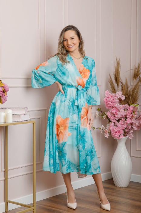 Rochie eleganta Adaline din voal turcoaz deschis cu imprimeuri florale [4]