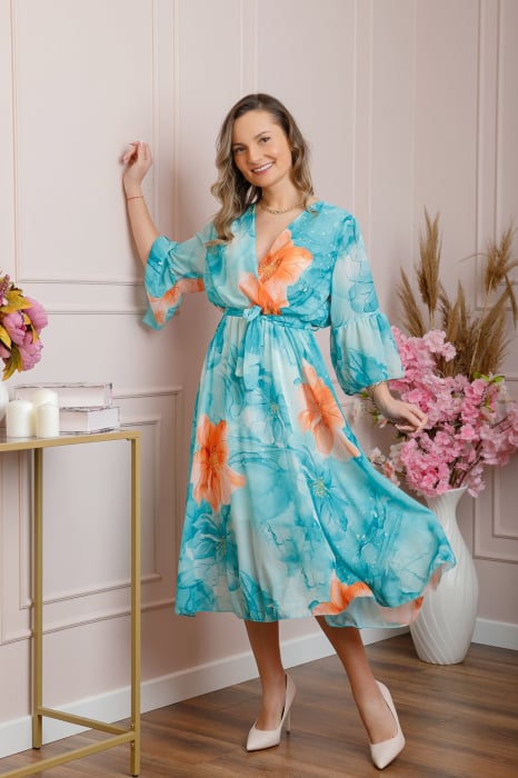 Rochie eleganta Adaline din voal turcoaz deschis cu imprimeuri florale [3]