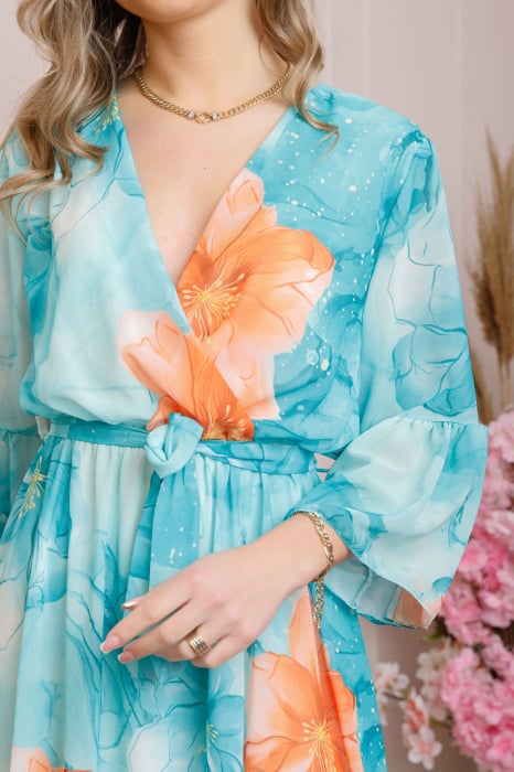 Rochie eleganta Adaline din voal turcoaz deschis cu imprimeuri florale [2]
