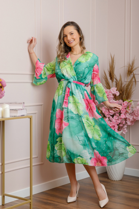 Rochie eleganta Adaline din voal verde cu imprimeuri florale [3]