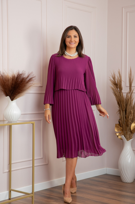 Rochie eleganta Arya fuchsia plisata cu maneci lungi [4]