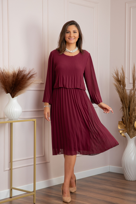 Rochie eleganta Arya grena plisata cu maneci lungi [4]