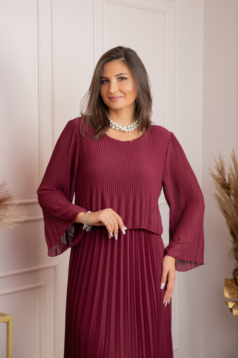 Rochie eleganta Arya grena plisata cu maneci lungi [2]