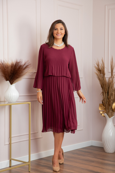 Rochie eleganta Arya grena plisata cu maneci lungi [5]